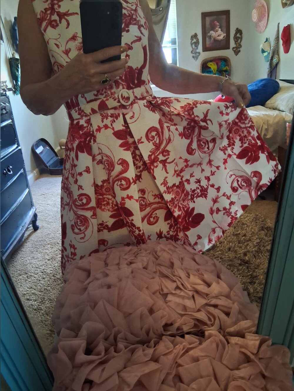 Liz Claibone Red and White Floral Print Pleated Flair Women's Dress Size 8